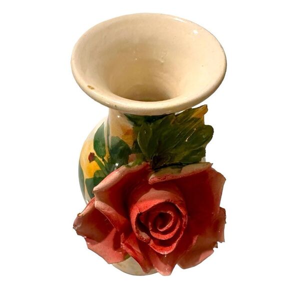 Vintage Capodimonte Vase BIG Applied PINK ROSE Mid Century MADE IN ITALY 7” - Picture 3 of 7